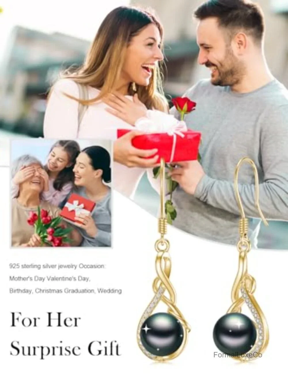 Tahitian Black Pearl Dangle Drop Earrings, 18K White Gold Plated Sterling Silver